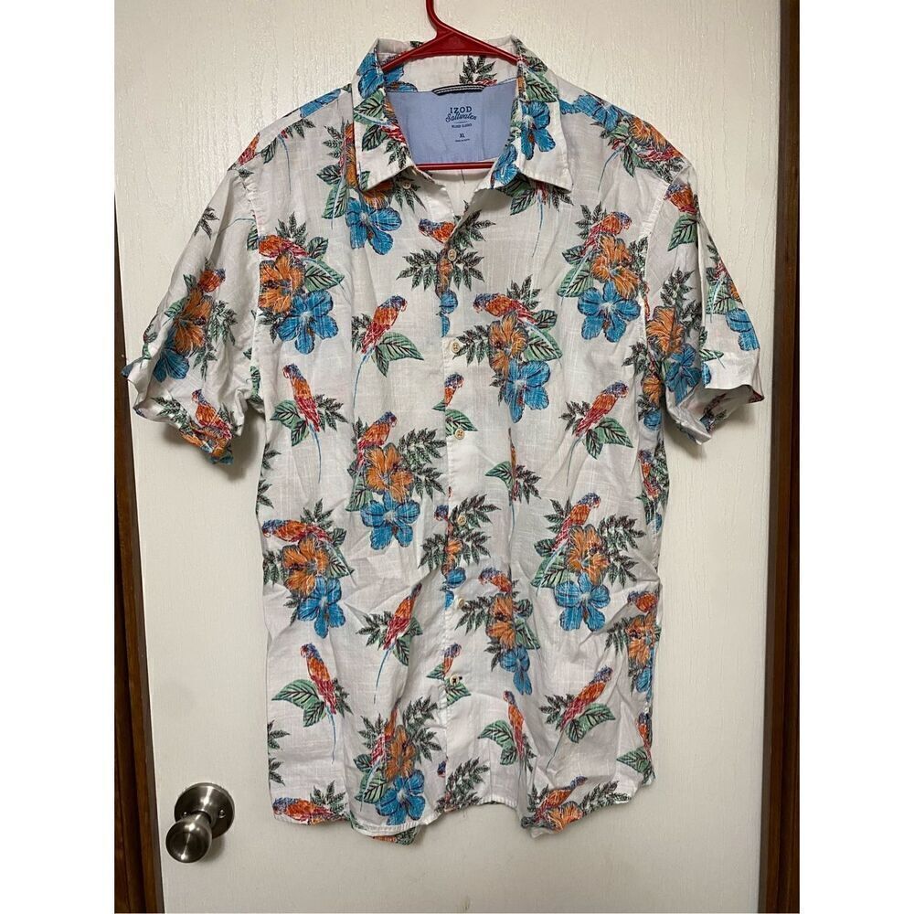 Izod Saltwater Parrots All Over Print Button Up Hawaiian Aloha Shirt  XL
